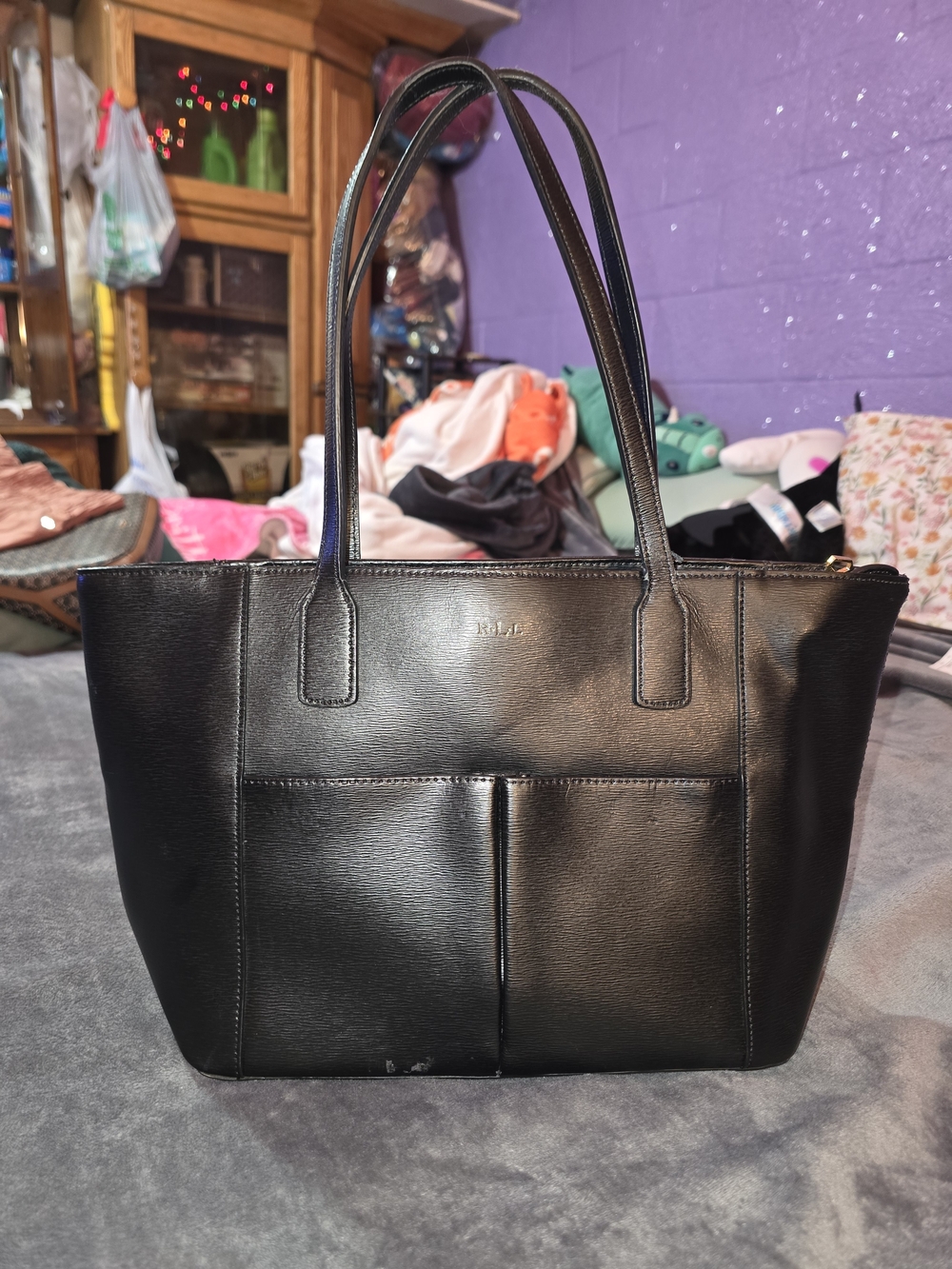 Lauren Ralph Lauren Black Leather Tote with Front Slip Pockets